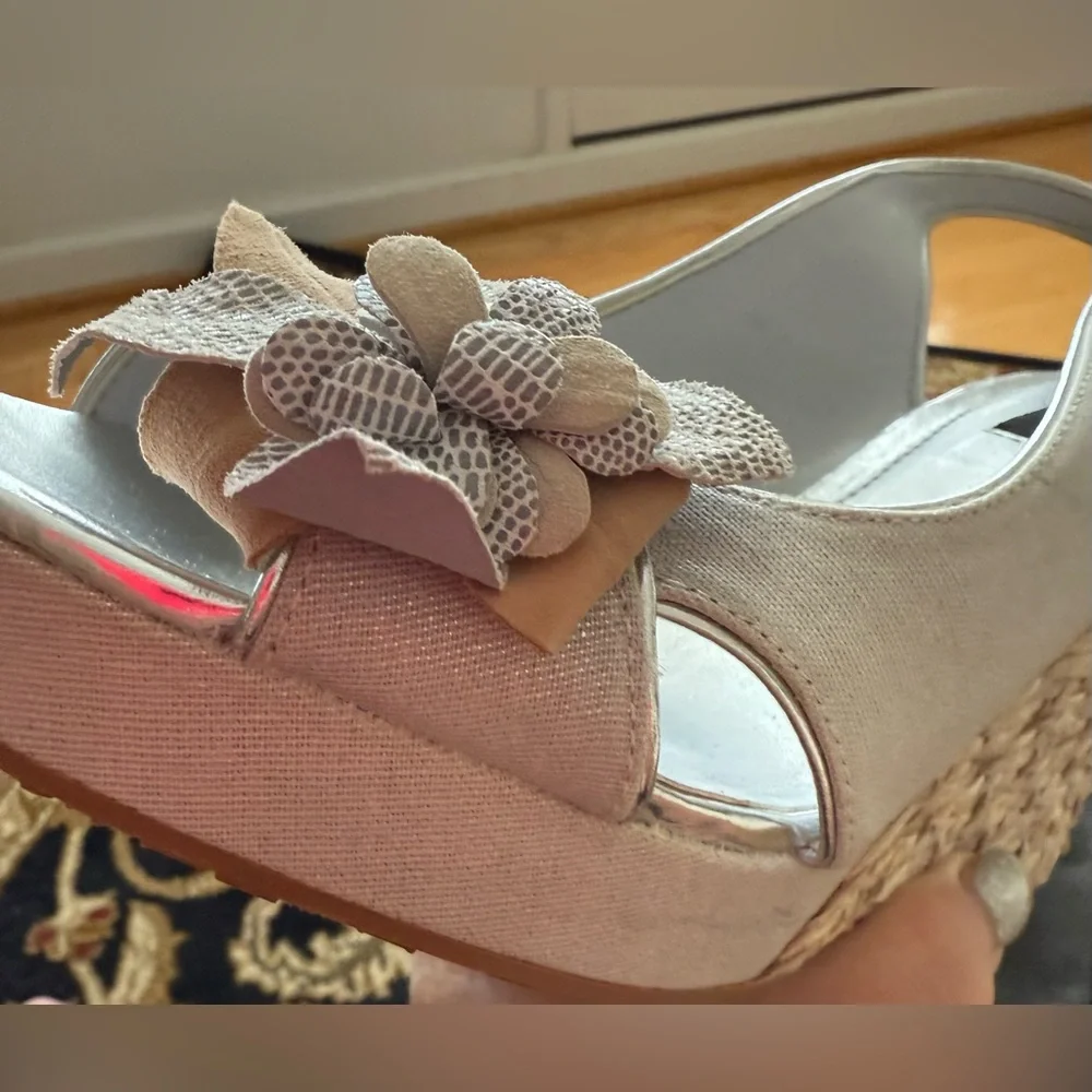 White House Black Market Silver and Tan Wedges